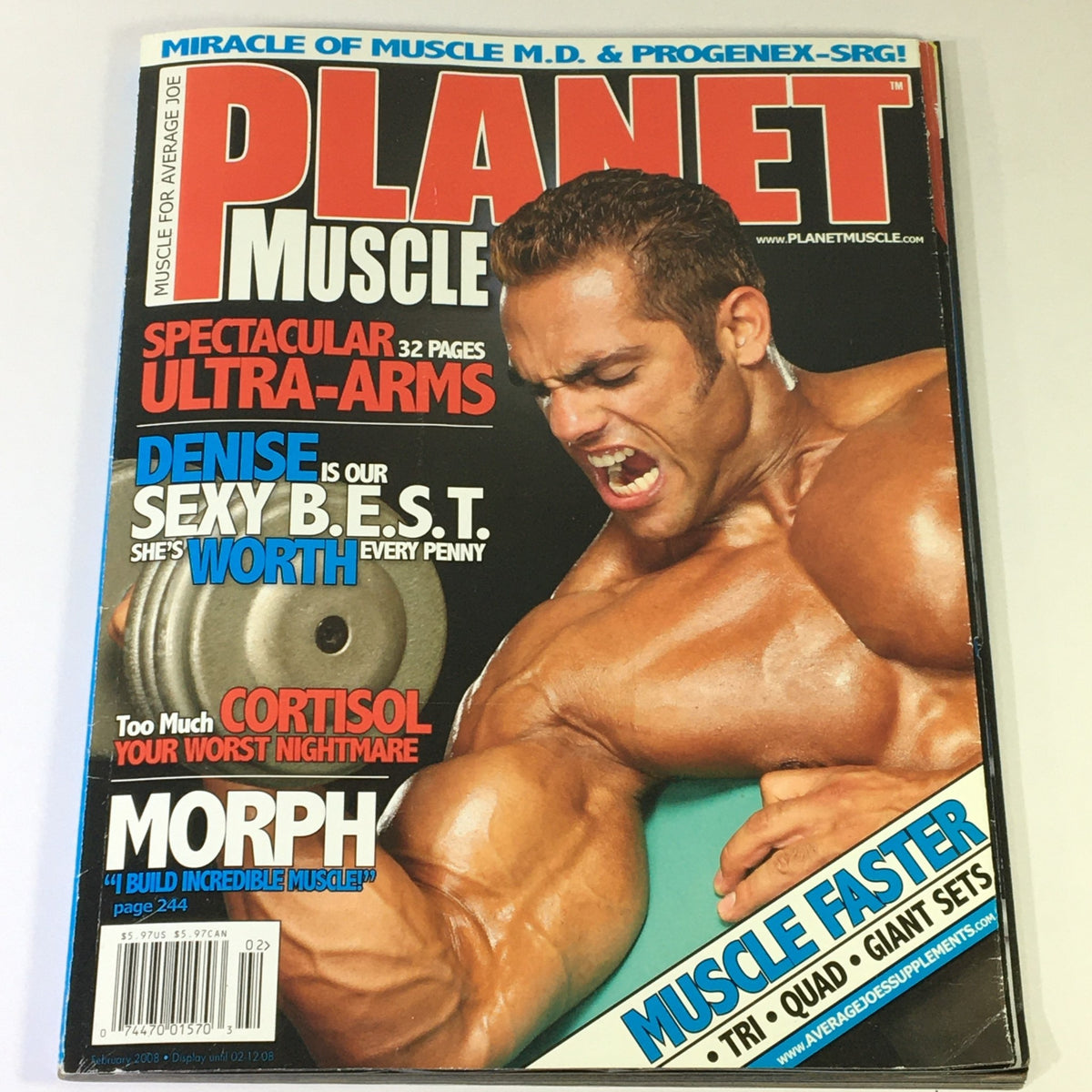 Cover of Planet Muscle Magazine February 2008 featuring Denise Rutkowski with the headline 'Spectacular Ultra-Arms,' showcasing a fitness icon emphasizing strength and bodybuilding.