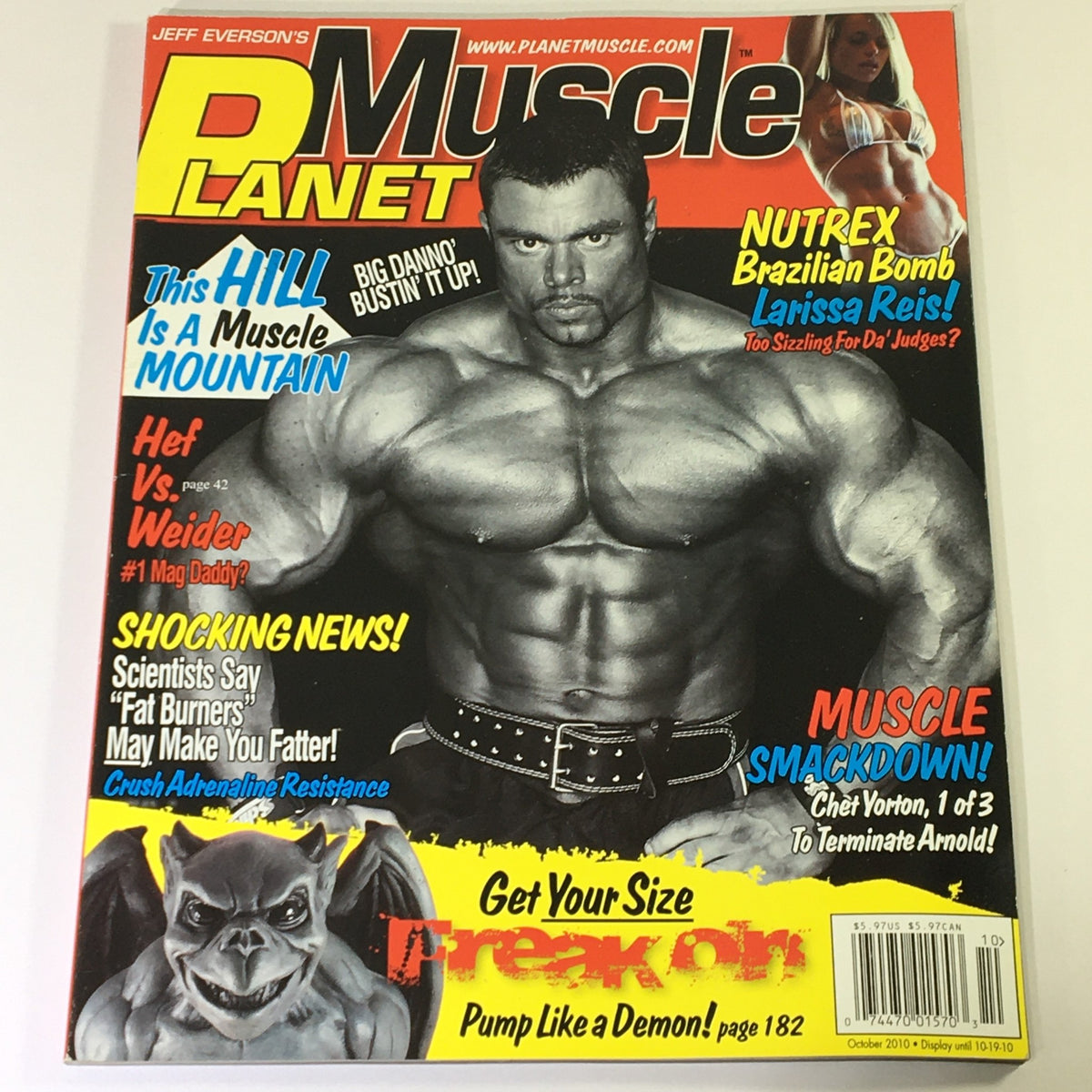 Cover of Planet Muscle Magazine October 2010 featuring Danny Padilla with an impressive physique and the headline 'Bustin' Up', along with 'Muscle Smackdown' and additional articles highlighted.