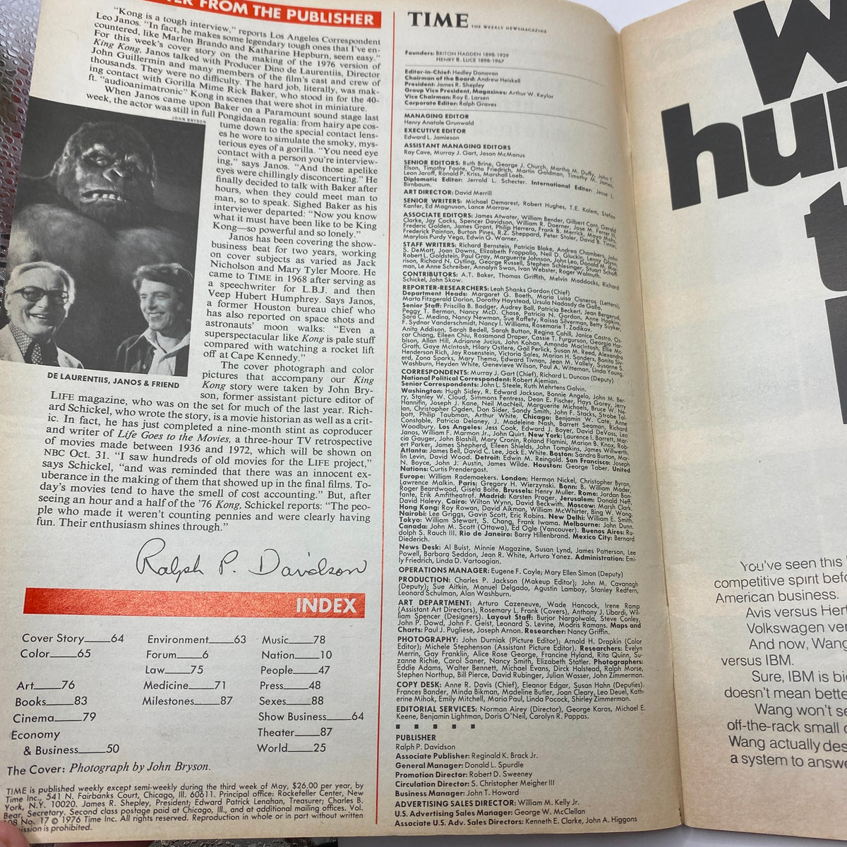 Interior page of Time Magazine from October 25, 1976, showcasing the index and articles, including references to the cover story 'Here Comes King Kong'.