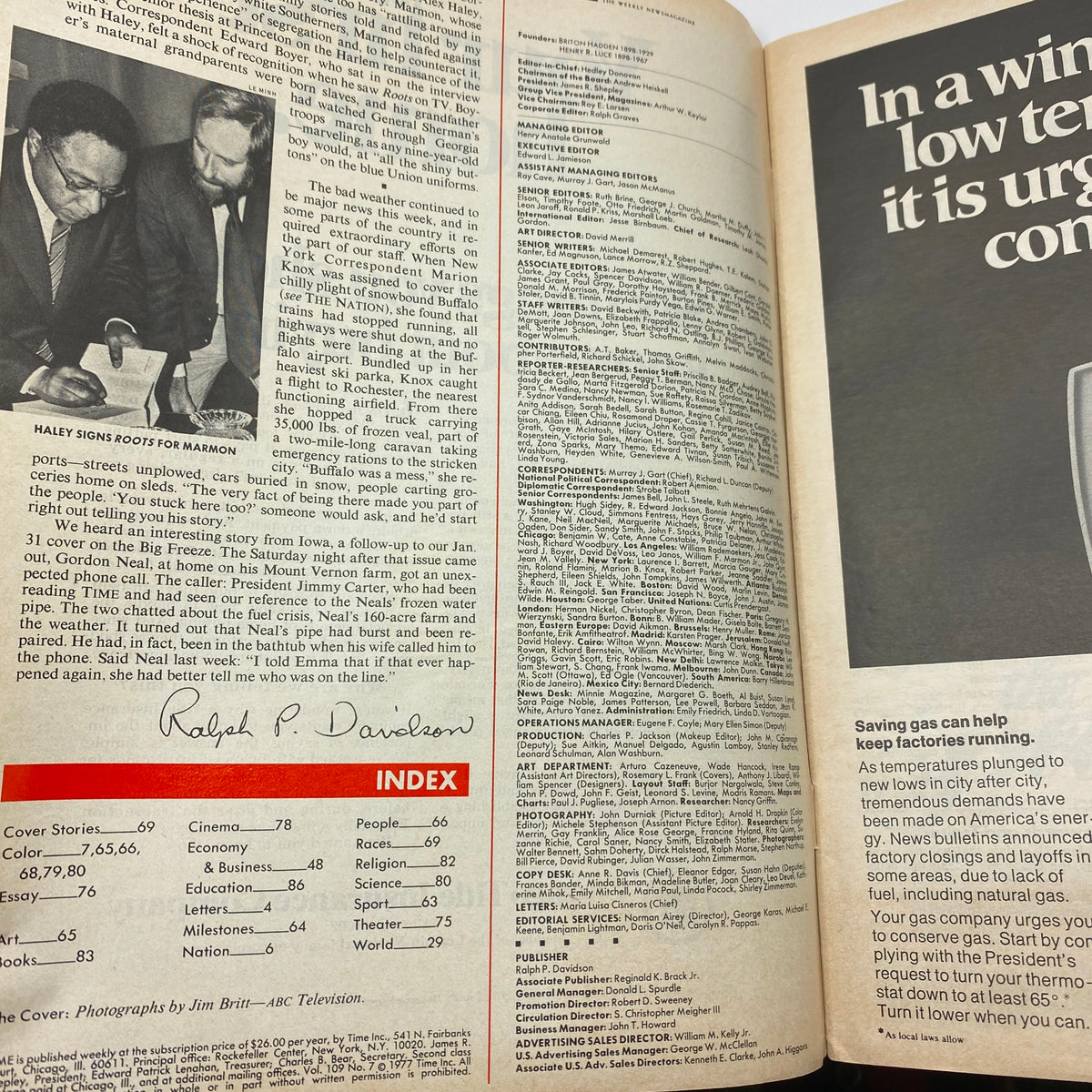 Interior spread of Vintage Time Magazine February 14, 1977 showing articles and content related to Alex Haley and his work on 'Roots'.