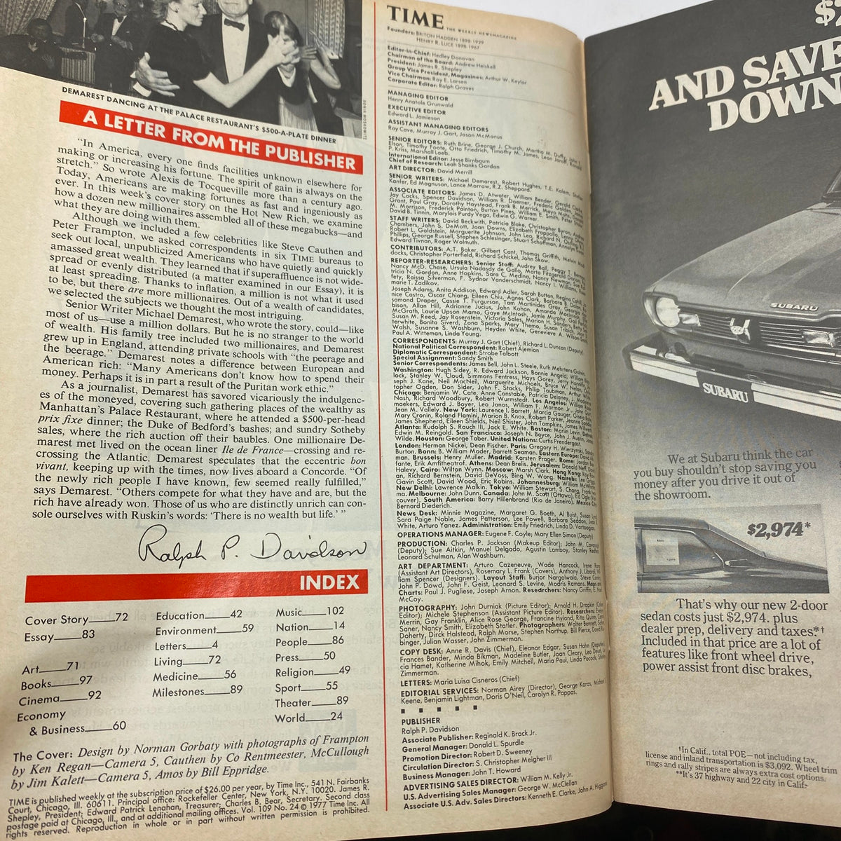 Inside page of VTG Time Magazine June 13, 1977 showcasing a letter from the publisher and the magazine index.