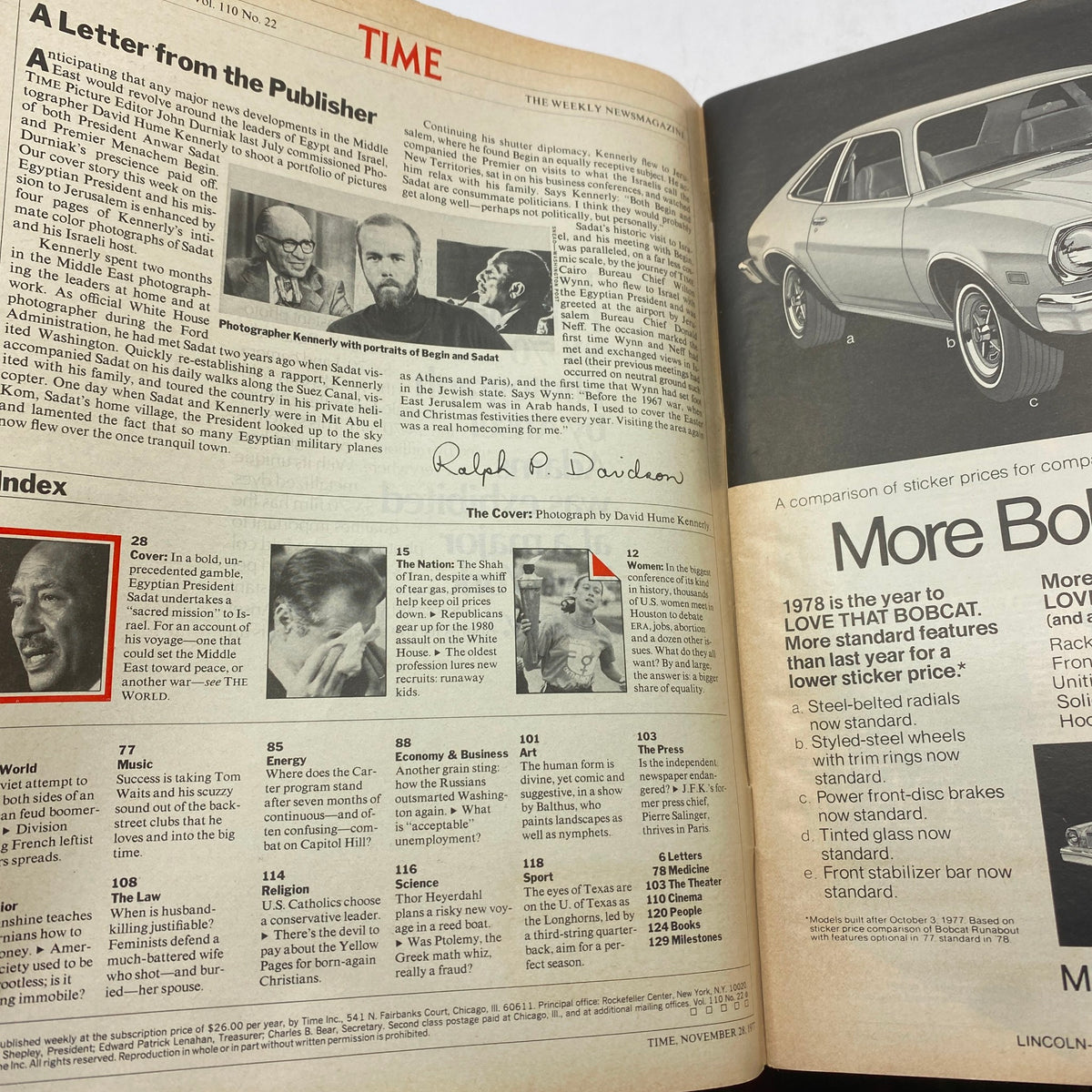 Inside spread of VTG Time Magazine - November 28, 1977 showcasing a letter from the publisher and the index, including features on Egypt's President Anwar El-Sadat.
