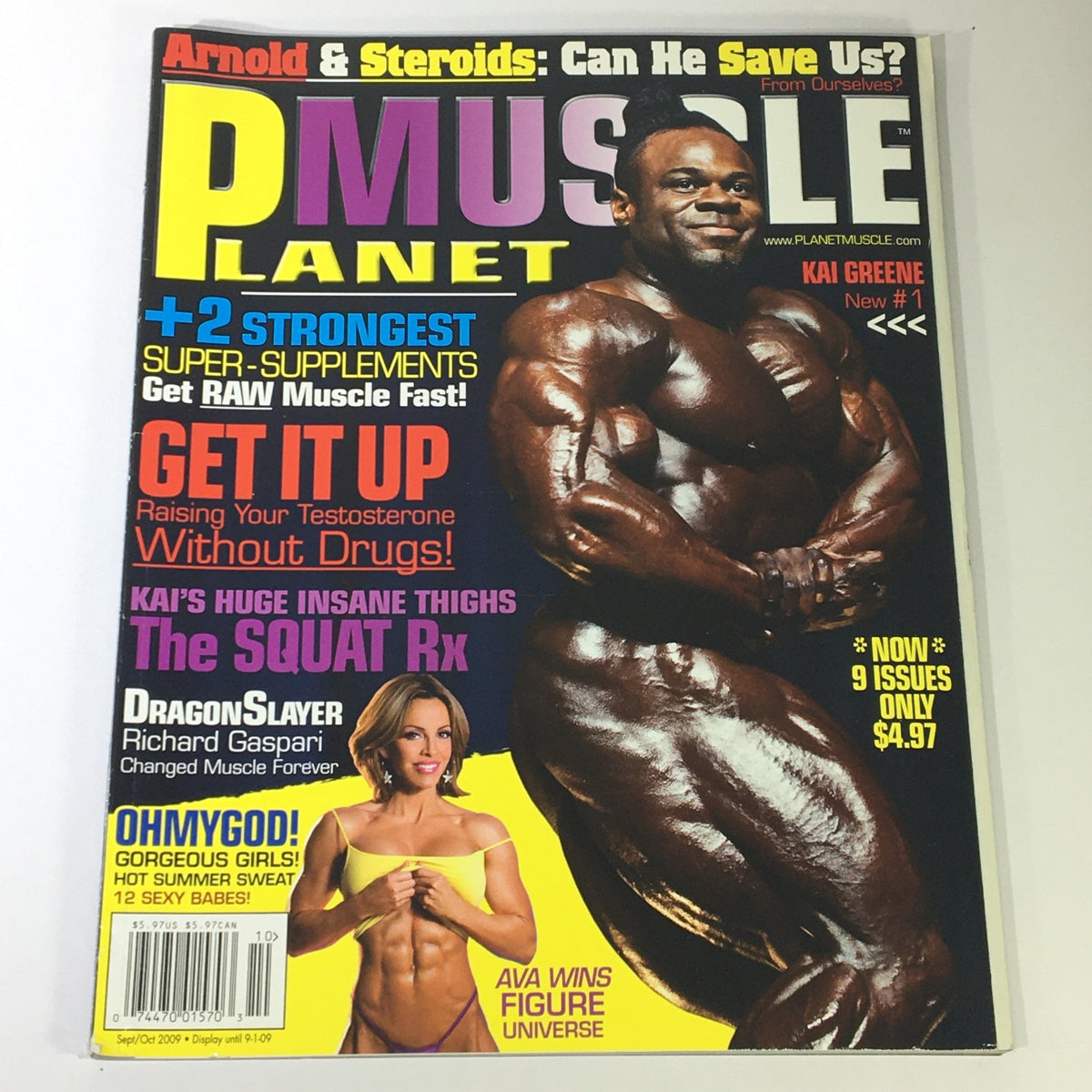 Cover of Planet Muscle Magazine September October 2009 featuring bodybuilding icon Kai Greene and model Ava Wins. The magazine highlights fitness tips, supplements, and news in bodybuilding culture.