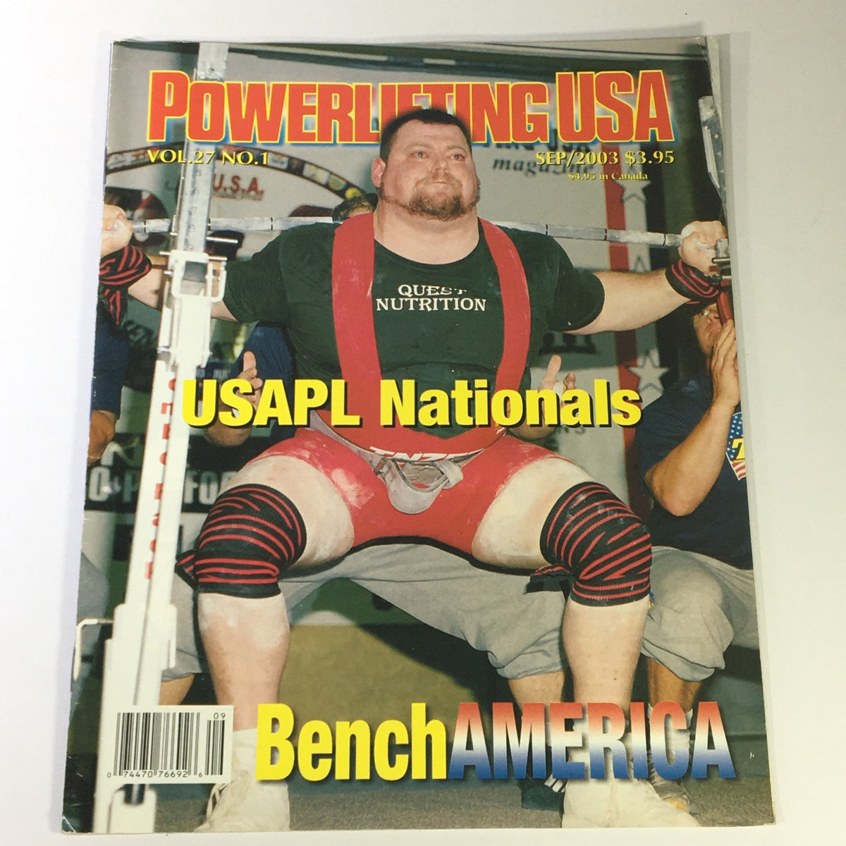 Cover of Powerlifting USA September 2003 Volume 27 Number 1 featuring a powerlifter at the USAPL Nationals, showcasing strength in red lifting gear, with the tagline 'Bench AMERICA'.