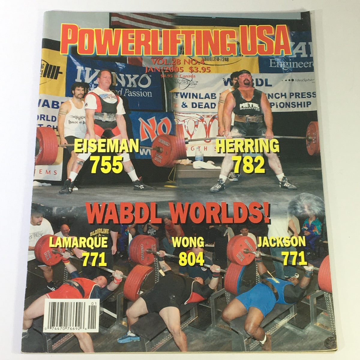 Powerlifting USA January 2005 Vol 28 #4 cover featuring WABDL Champs Tom Eiseman and George Herring lifting weights during a competition.