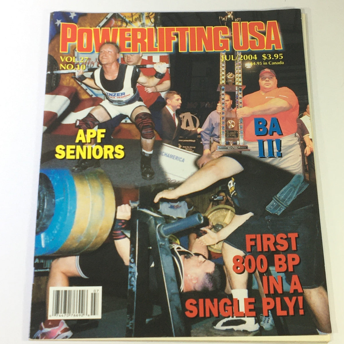 Cover of Powerlifting USA July 2004 Vol 27 #10 showcasing APF Seniors athletes, including a featured lifter in action, highlighting the competitive spirit and achievements in powerlifting.
