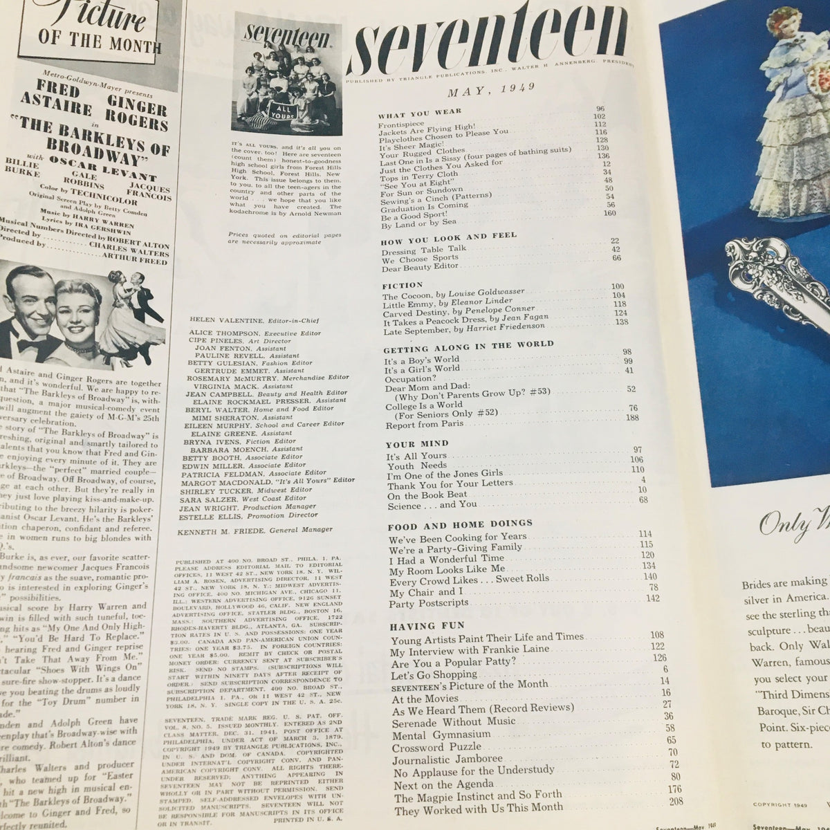Inside page of Seventeen Magazine May 1949 displaying the table of contents with articles related to teenage fashion and lifestyle from the late 1940s.