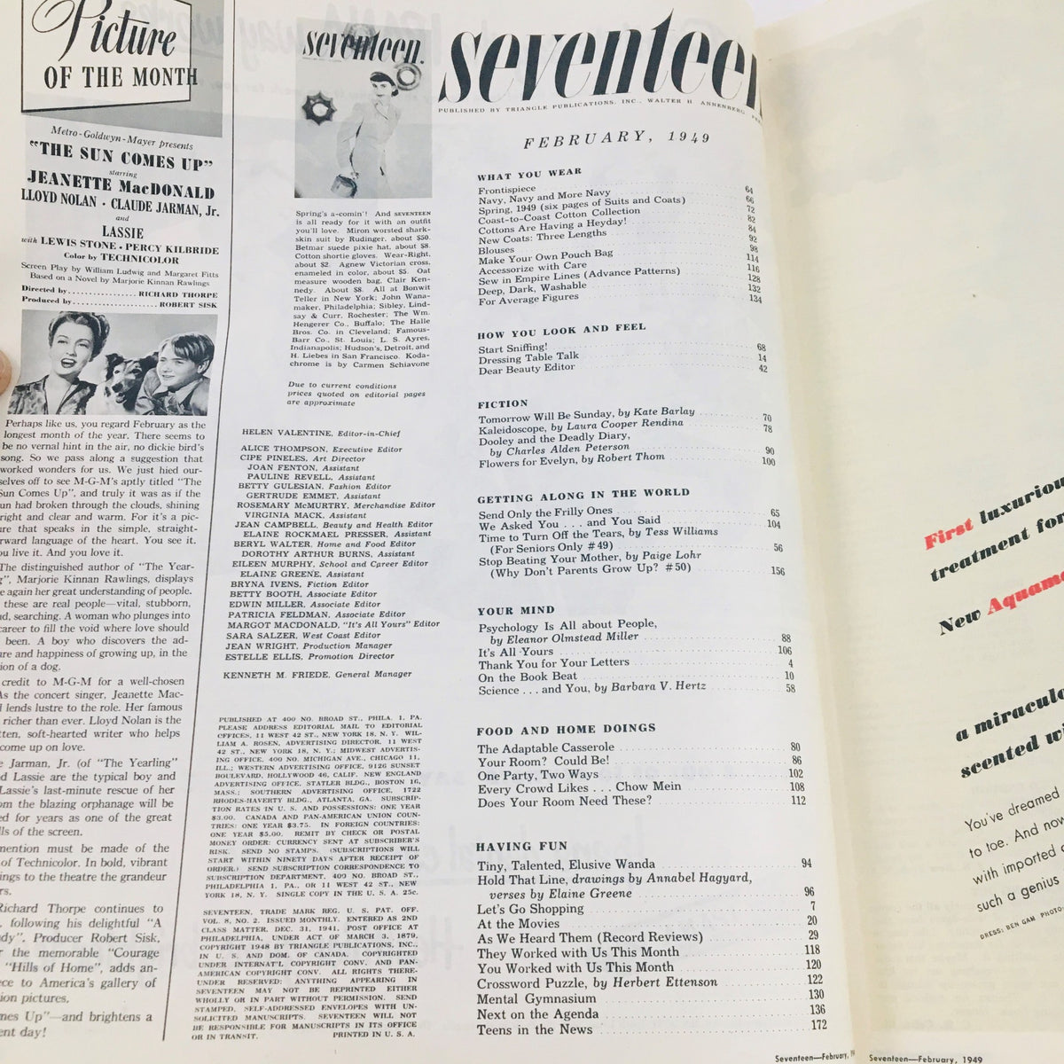 Interior page of Seventeen Magazine February 1949, featuring the contents page with a list of articles, showcasing the magazine's engaging topics and design.