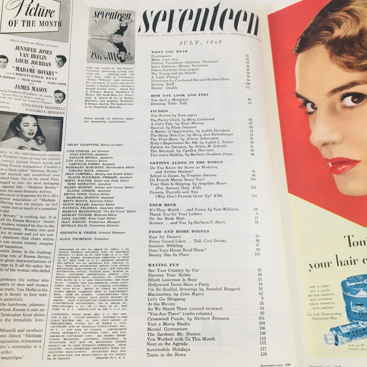 Interior page of Seventeen Magazine July 1949 showcasing the table of contents with vintage styling and summer themes.