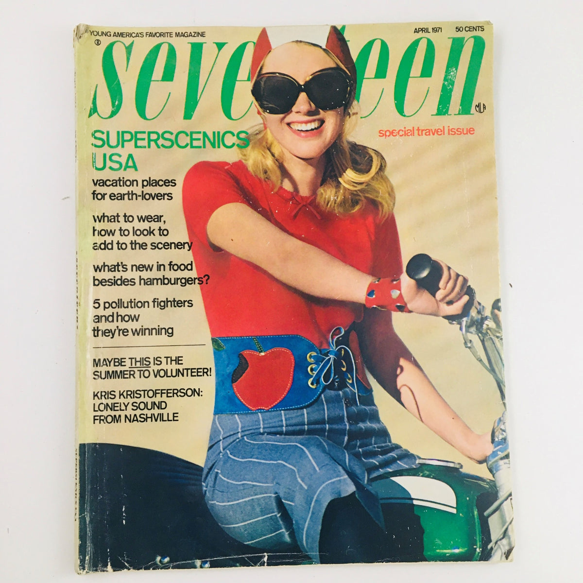 April 1971 Seventeen Magazine featuring Kris Kristofferson on the cover, highlighting the special travel issue with vibrant colors and retro fashion.