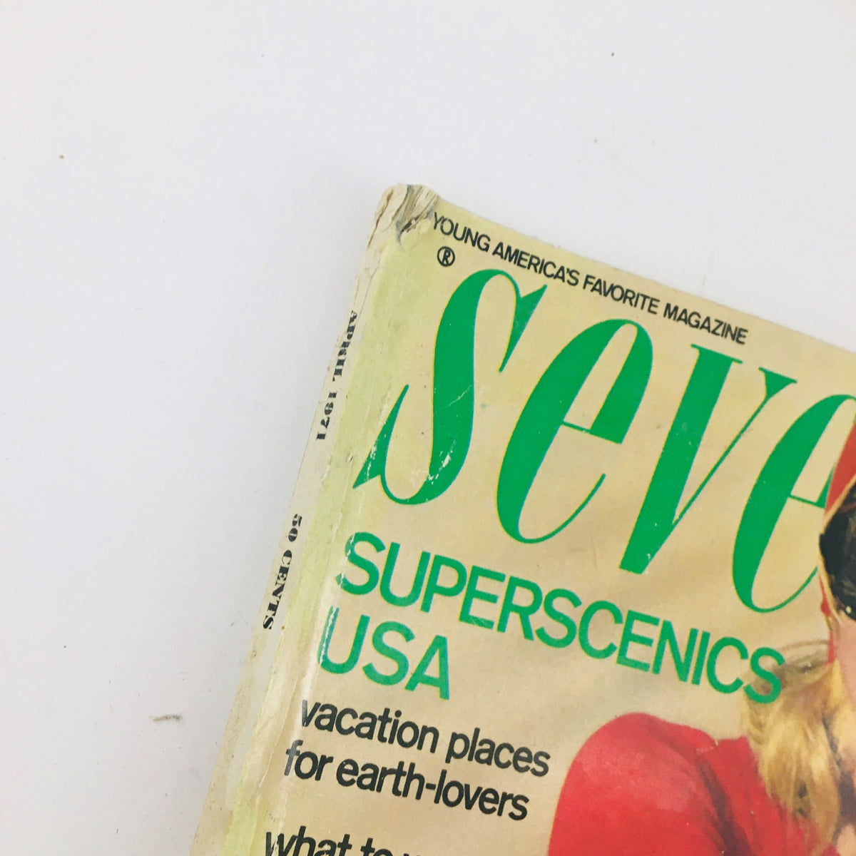 Close-up of the April 1971 Seventeen Magazine cover showing the title and prominent features of the issue, including 'Superscenics USA'.