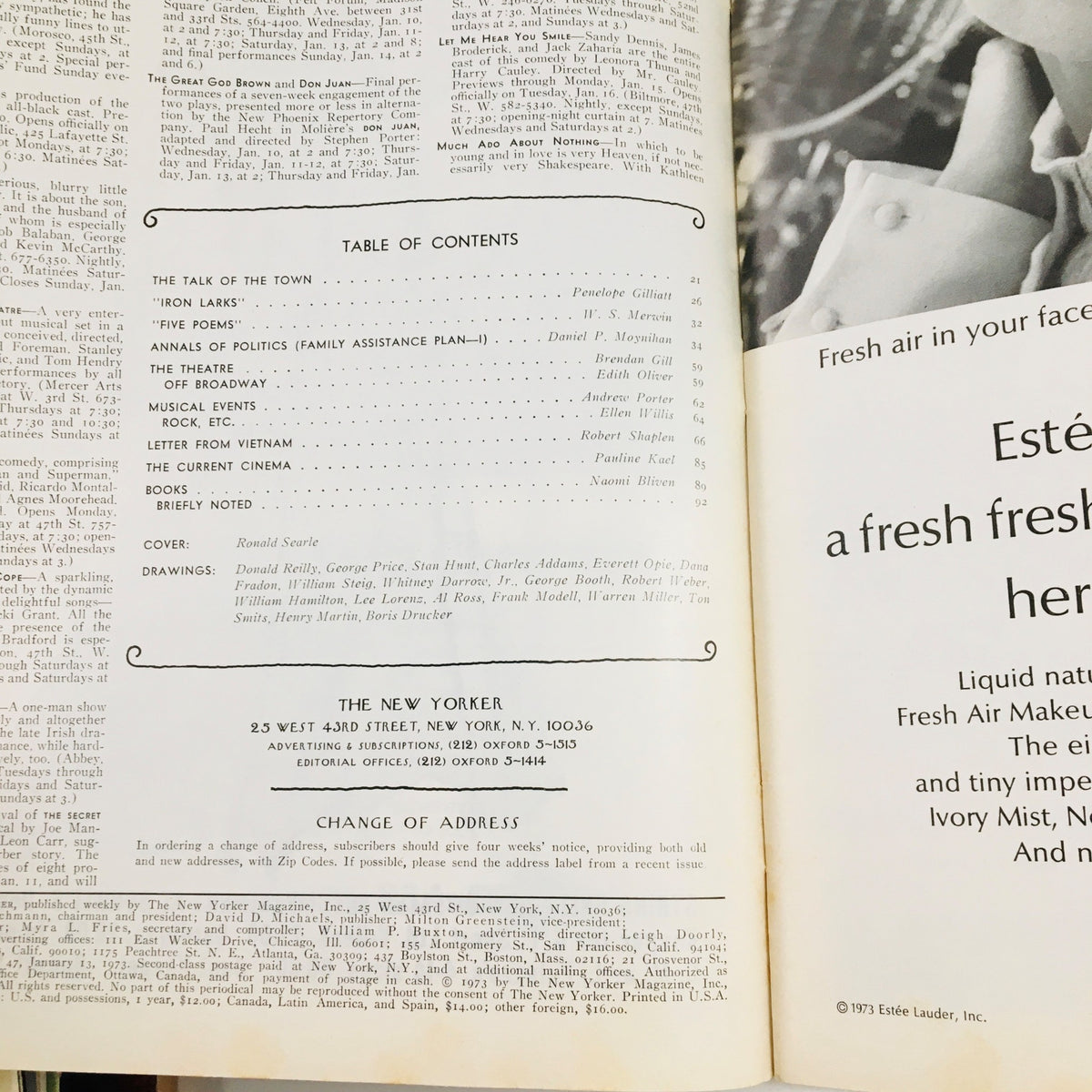 Table of contents page from The New Yorker Magazine January 13 1973, listing articles and features, including notable contributors like Ronald Searle, reflecting the magazine's literary elegance.