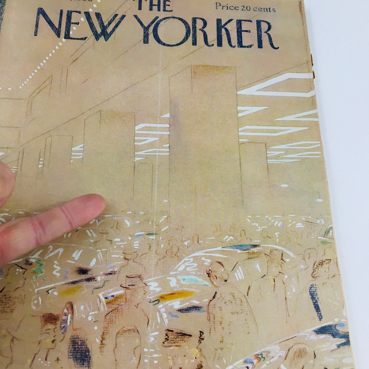 Close-up of the cover of The New Yorker Magazine December 8, 1956, highlighting the theme cover art by Garrett Price, illustrating a bustling crowd in an interior setting.