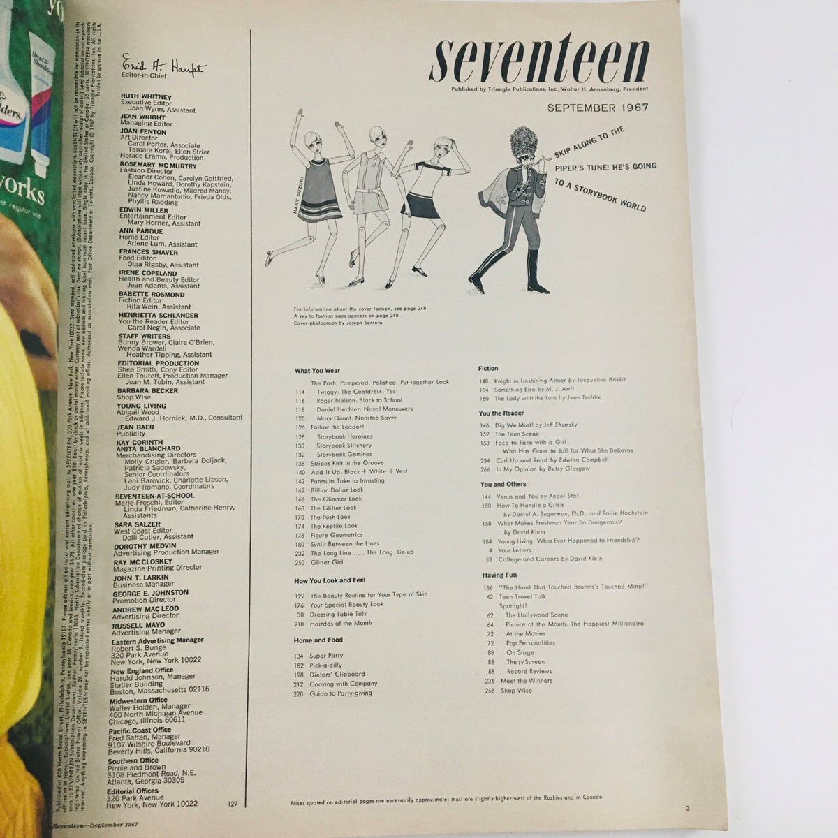 Seventeen Magazine Twiggy September 1967 Beauty Routine content page showcasing editorial team and features from the magazine.