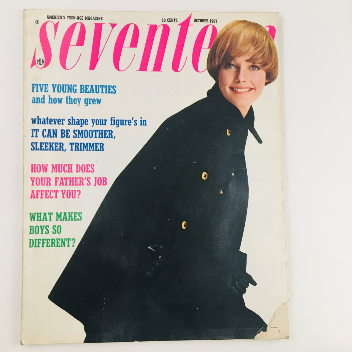 Cover of Seventeen Magazine October 1967 featuring a young woman in a stylish coat, headline 'What Makes Boys so Different?' highlighting vintage fashion and teen culture.