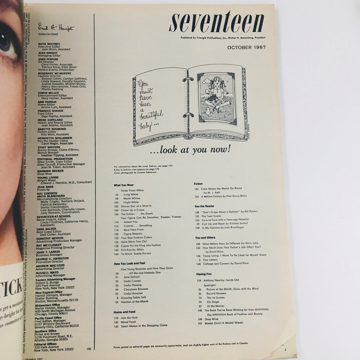 Inside page of Seventeen Magazine from October 1967 showcasing the magazine's editorial team and a glimpse of content with a playful illustration, highlighting the nostalgic appeal of the era.