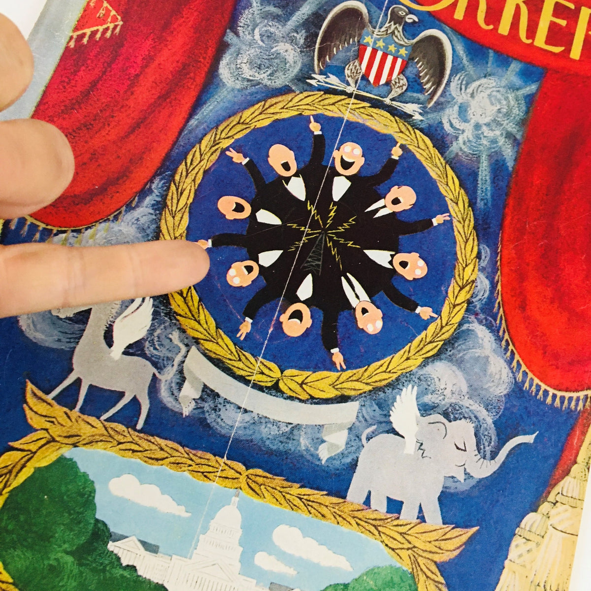 Close-up view of The New Yorker Magazine cover from October 13, 1956, highlighting the intricate details of Charles E. Martin's artwork, including a colorful circular design and playful figures.