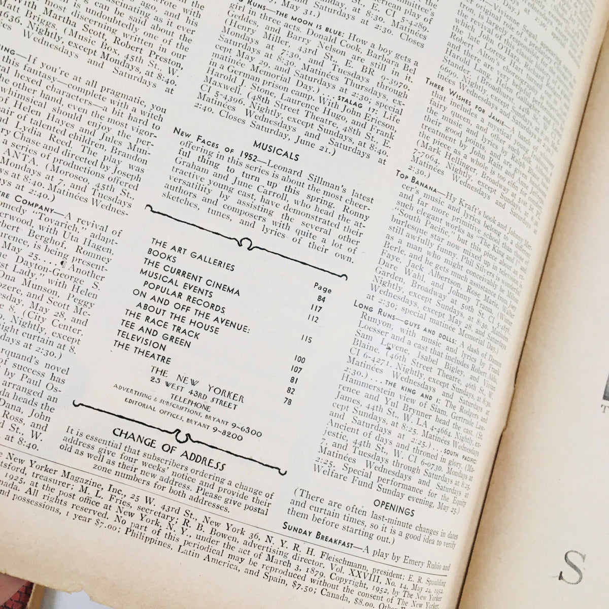 Interior page of The New Yorker Magazine May 24 1952 displaying musically themed content, featuring a table of contents with listings for art galleries, cinema, and current events.