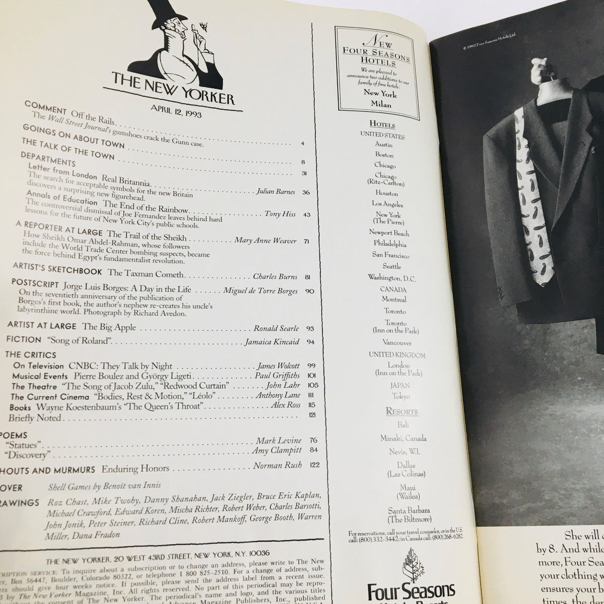Table of contents page of The New Yorker Magazine April 12 1993, listing articles and features including 'Off the Rails' and 'Song of Roland', showcasing the magazine's diverse content.