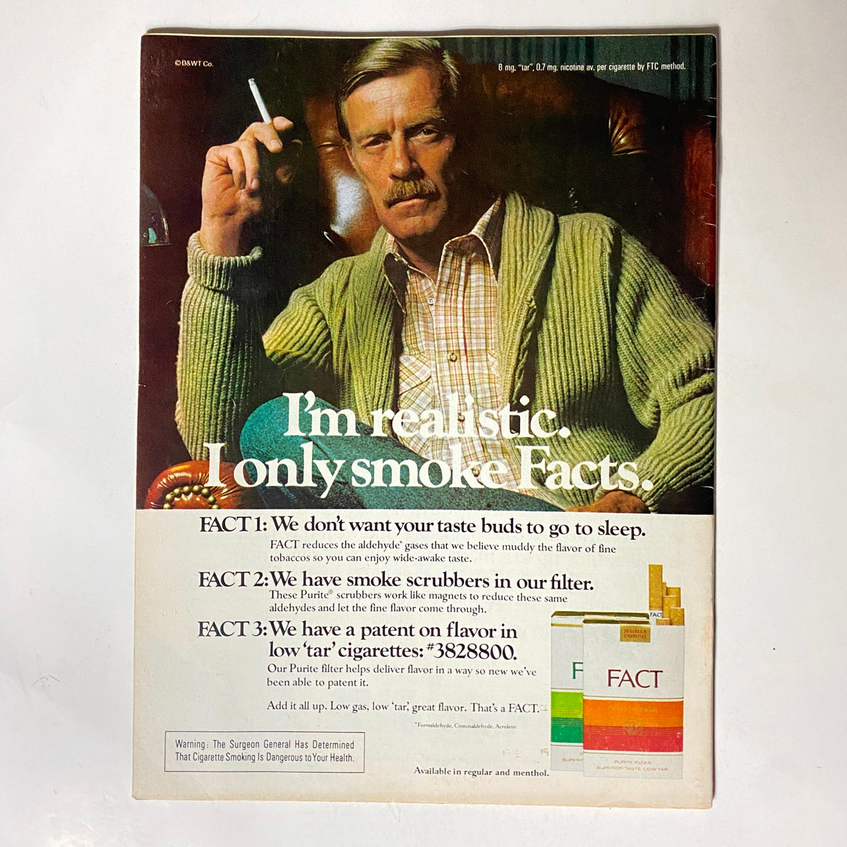 Vintage advertisement featuring a man with a cigarette, promoting low tar cigarettes with the slogan 'I'm realistic. I only smoke Facts.' Includes facts about smoke quality and a warning from the Surgeon General. From the VTG Time Magazine January 2, 1978 Anwar El-Sadat Man of the Year issue.