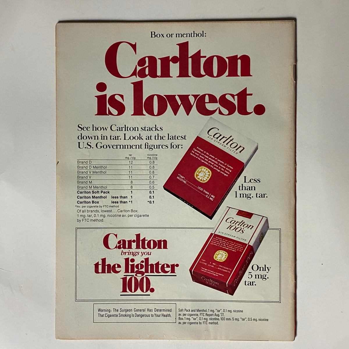 Back cover of the vintage Time Magazine from January 9, 1978, displaying an advertisement for Carlton cigarettes.