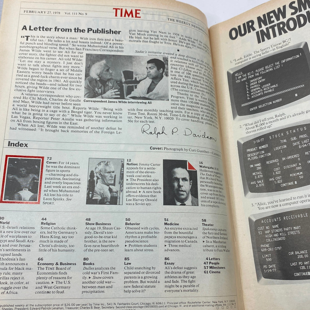 Interior page of VTG Time Magazine February 27, 1978 highlighting a letter from the publisher, with an editorial about Muhammad Ali as a significant sports figure.