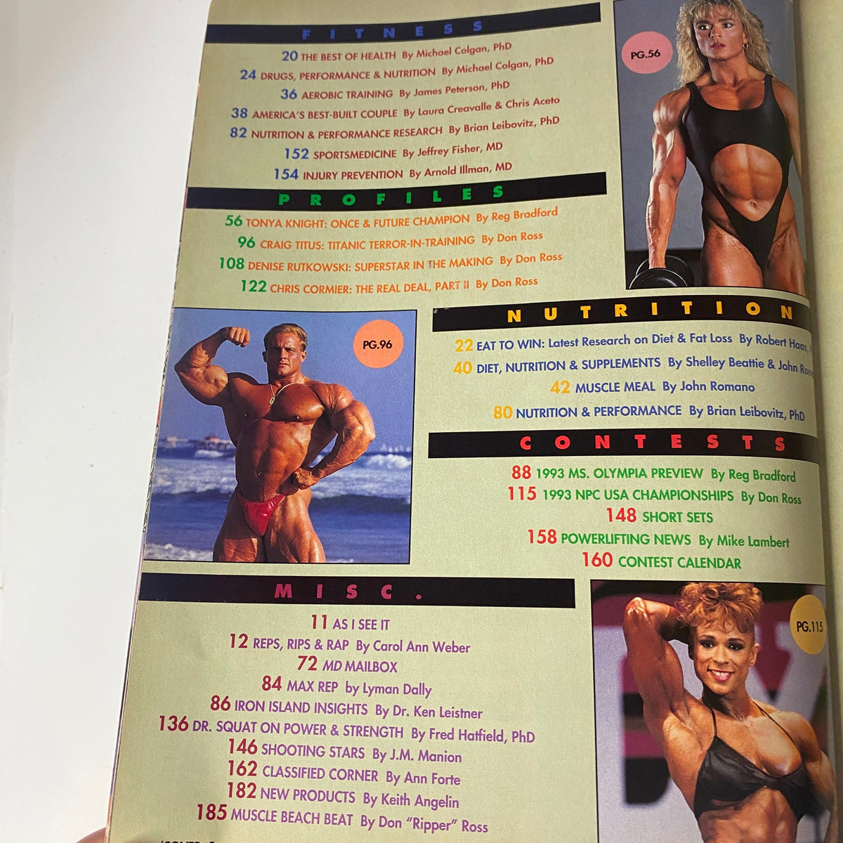 Interior page of Muscular Development Magazine December 1993 highlighting articles on fitness and nutrition, including sections on Tony Knight and other bodybuilding profiles.