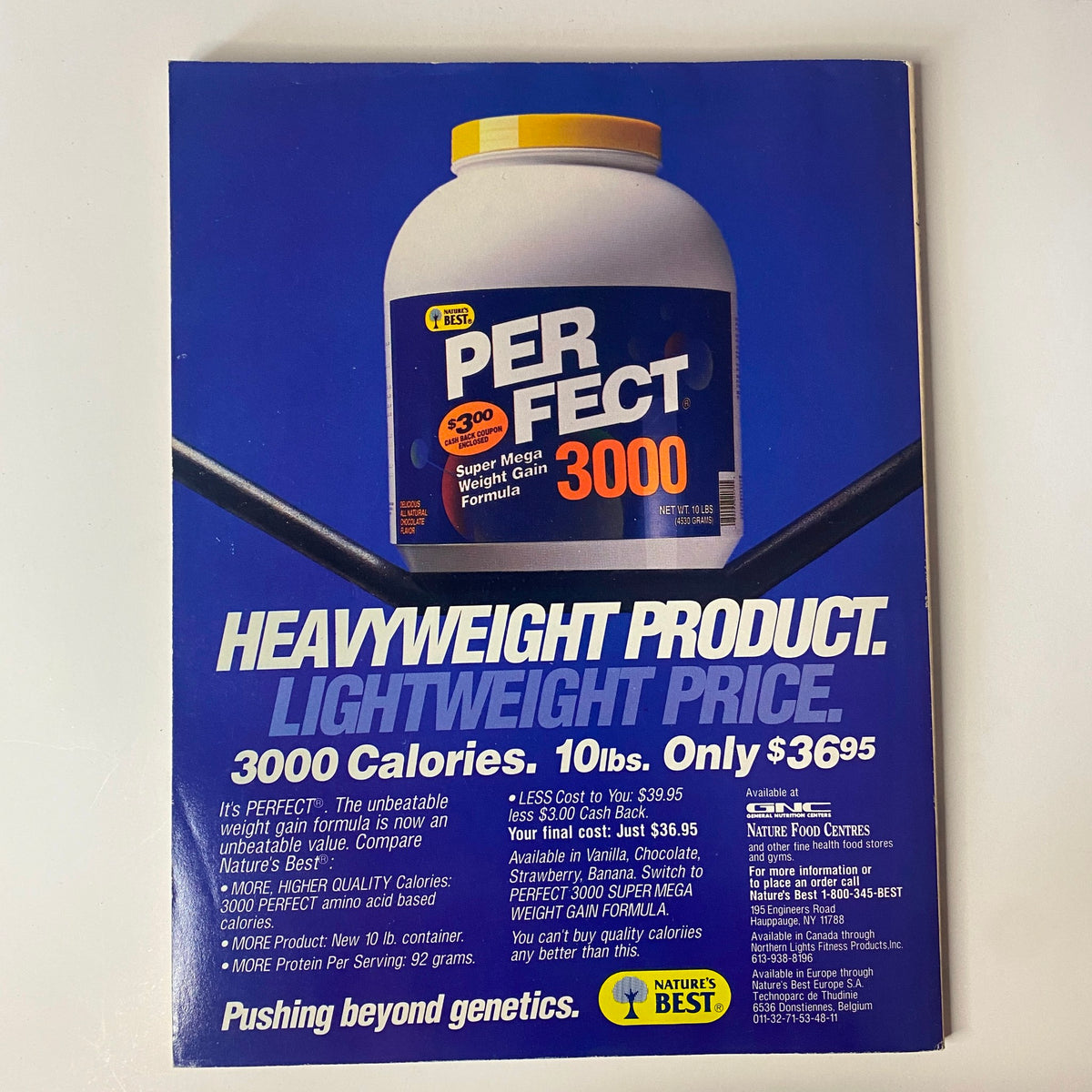 Advertisement for Perfect 3000 supplement in Muscular Development Magazine December 1993, promoting nutritional benefits for muscle growth and fitness.