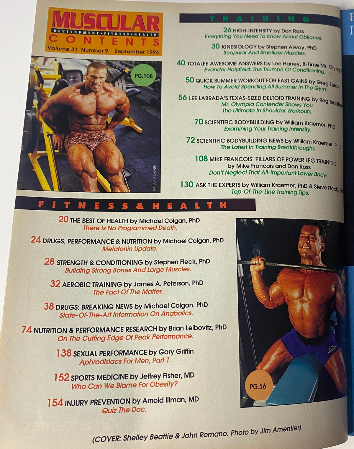 Contents page of Muscular Development Magazine September 1994 showcasing an array of topics including fitness, nutrition, and performance, with notable contributors and highlights from the issue.