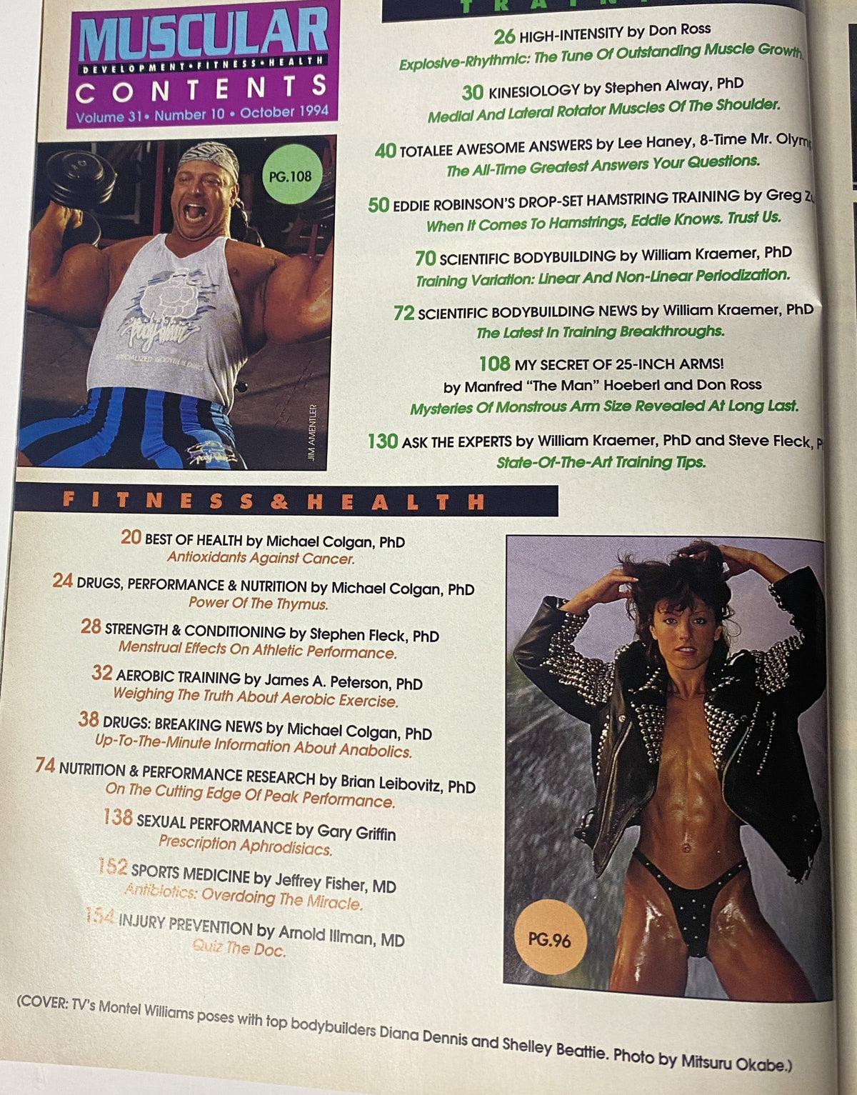 Contents page of Muscular Development Magazine, October 1994, detailing articles on bodybuilding, nutrition, and fitness, including contributions from notable experts.