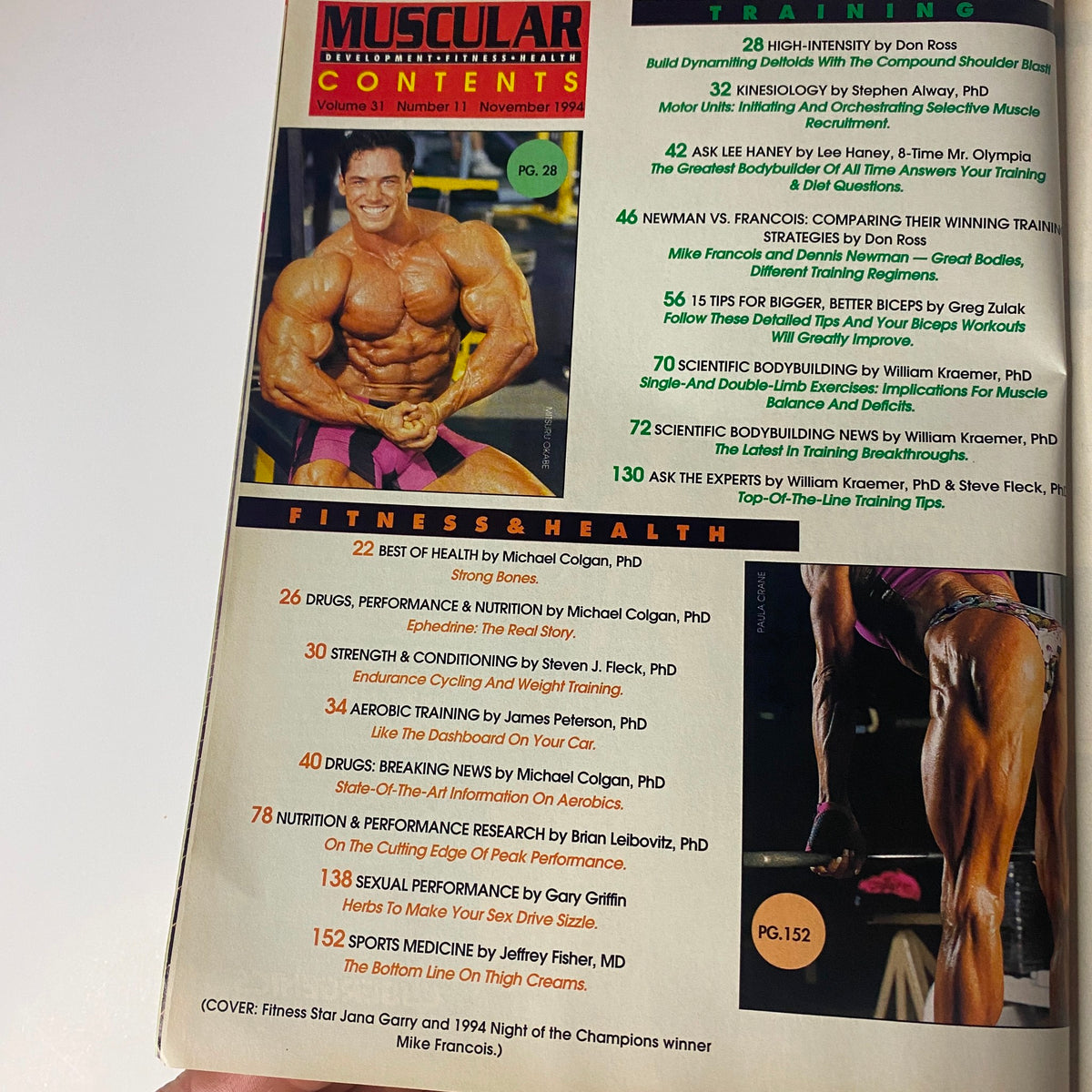 Contents page of Muscular Development Magazine November 1994, showcasing articles and features, including a comparison of training strategies between Michael Francois and Dennis Newman.