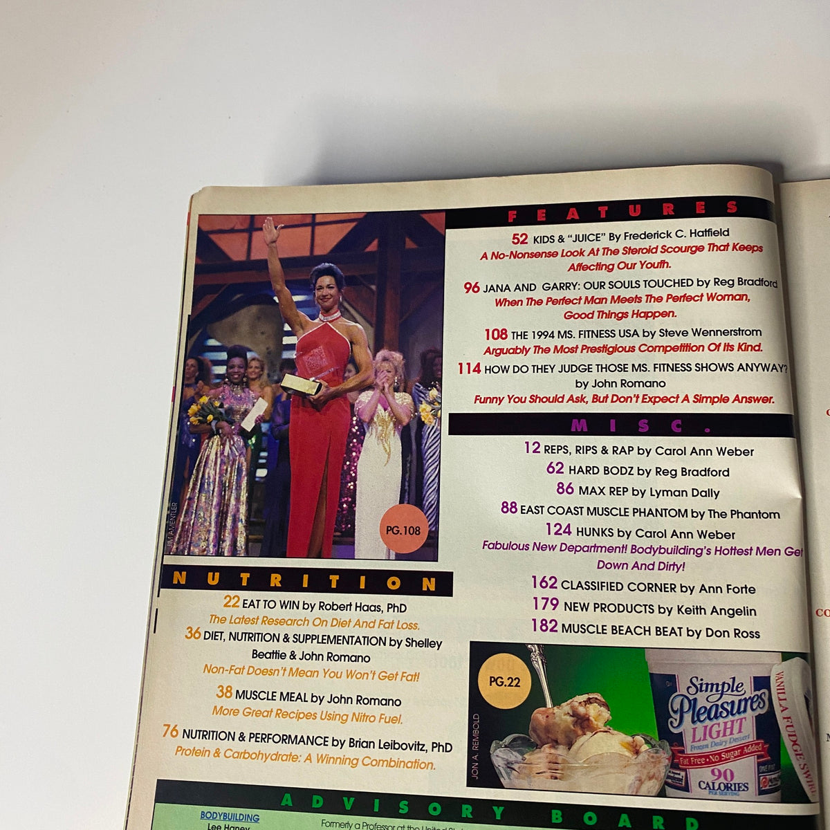 An award ceremony page from Muscular Development Magazine November 1994, featuring a nutrition section and celebrating fitness achievements.
