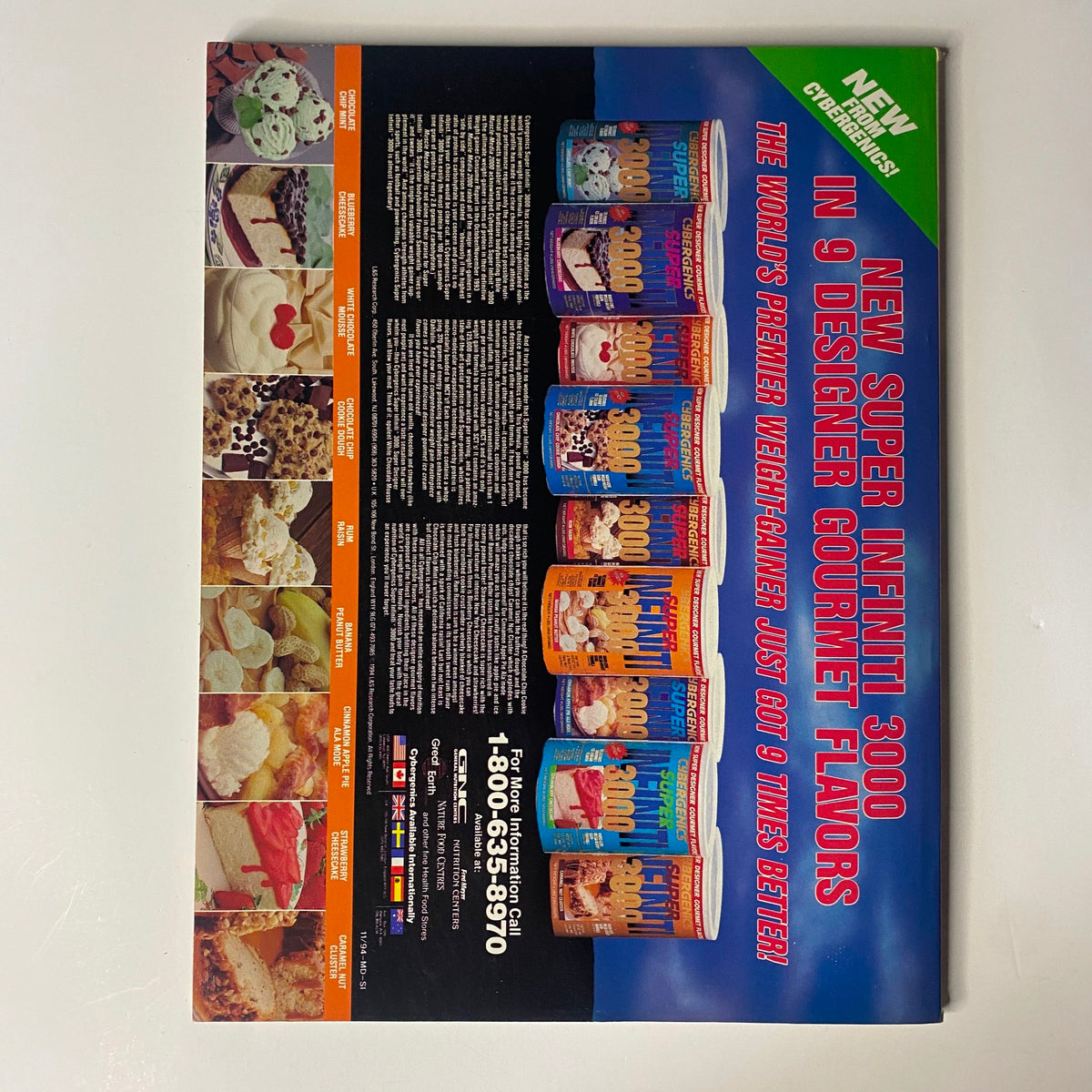 Advertisement in Muscular Development Magazine November 1994 for the new Infinit 3000 protein supplement flavors, targeting fitness enthusiasts.