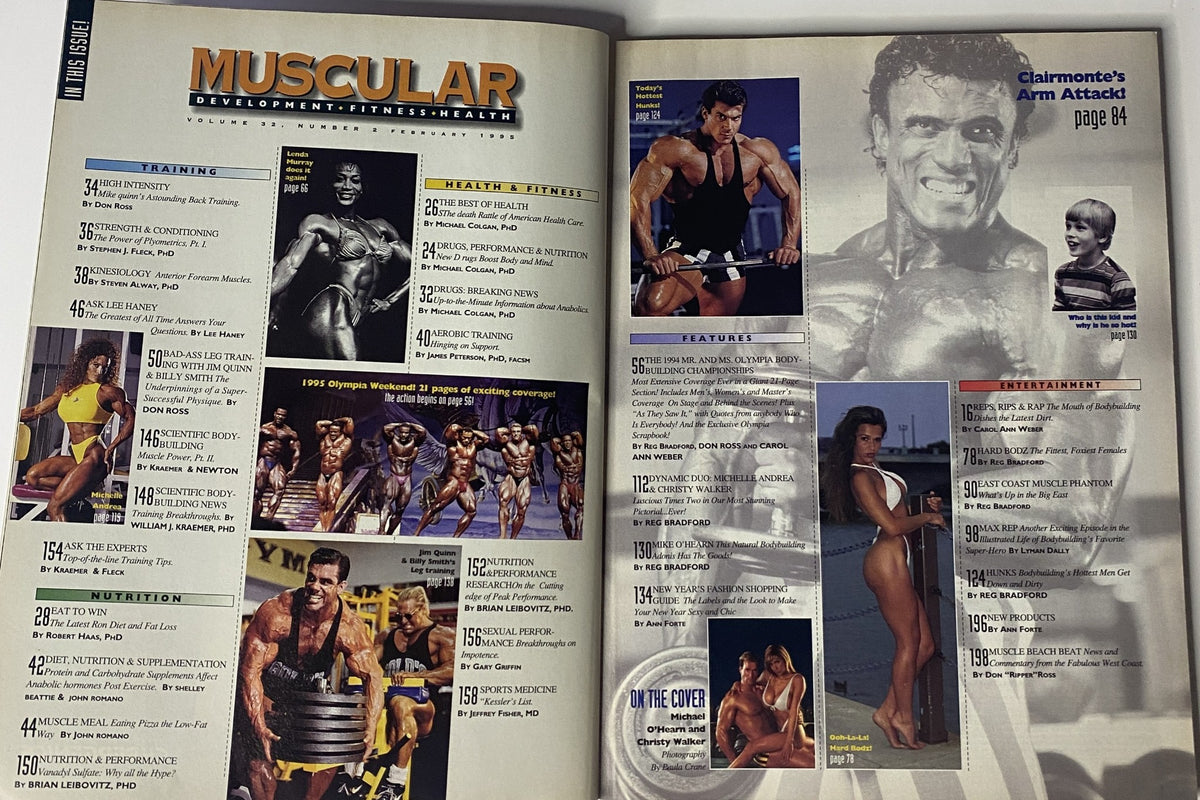 Inside page of Muscular Development Magazine February 1995 displaying training and health articles, along with 1994 Olympia highlights.