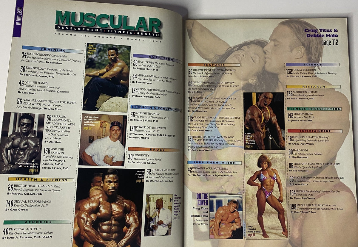 Muscular Development Magazine March 1995 featuring Craig Titus and Debbie Halo, showcasing training tips, health and fitness information, and bodybuilding culture from the 1990s.