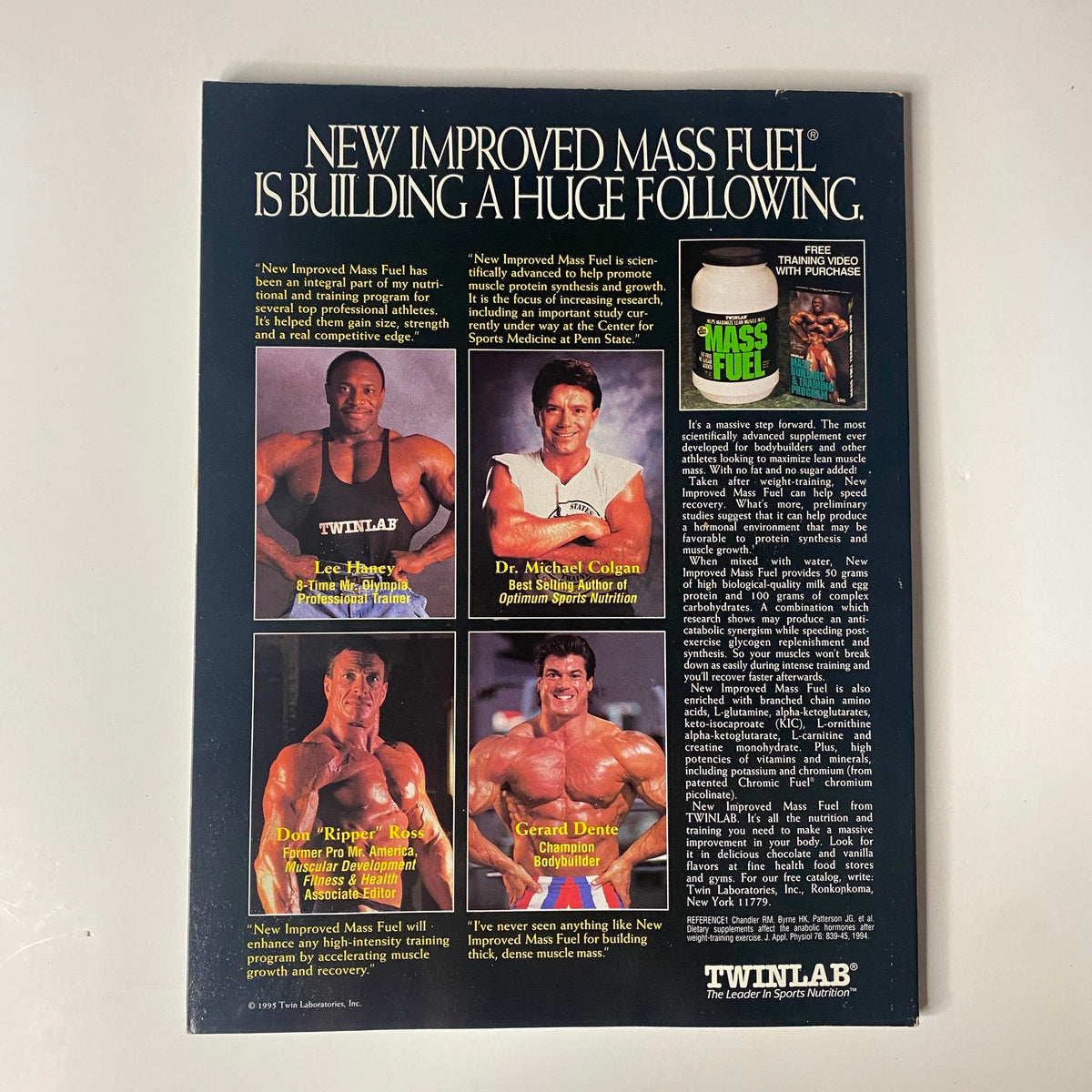 Back cover of Muscular Development Magazine March 1995 promoting New Improved Mass Fuel, highlighting bodybuilding experts and nutritional insights.