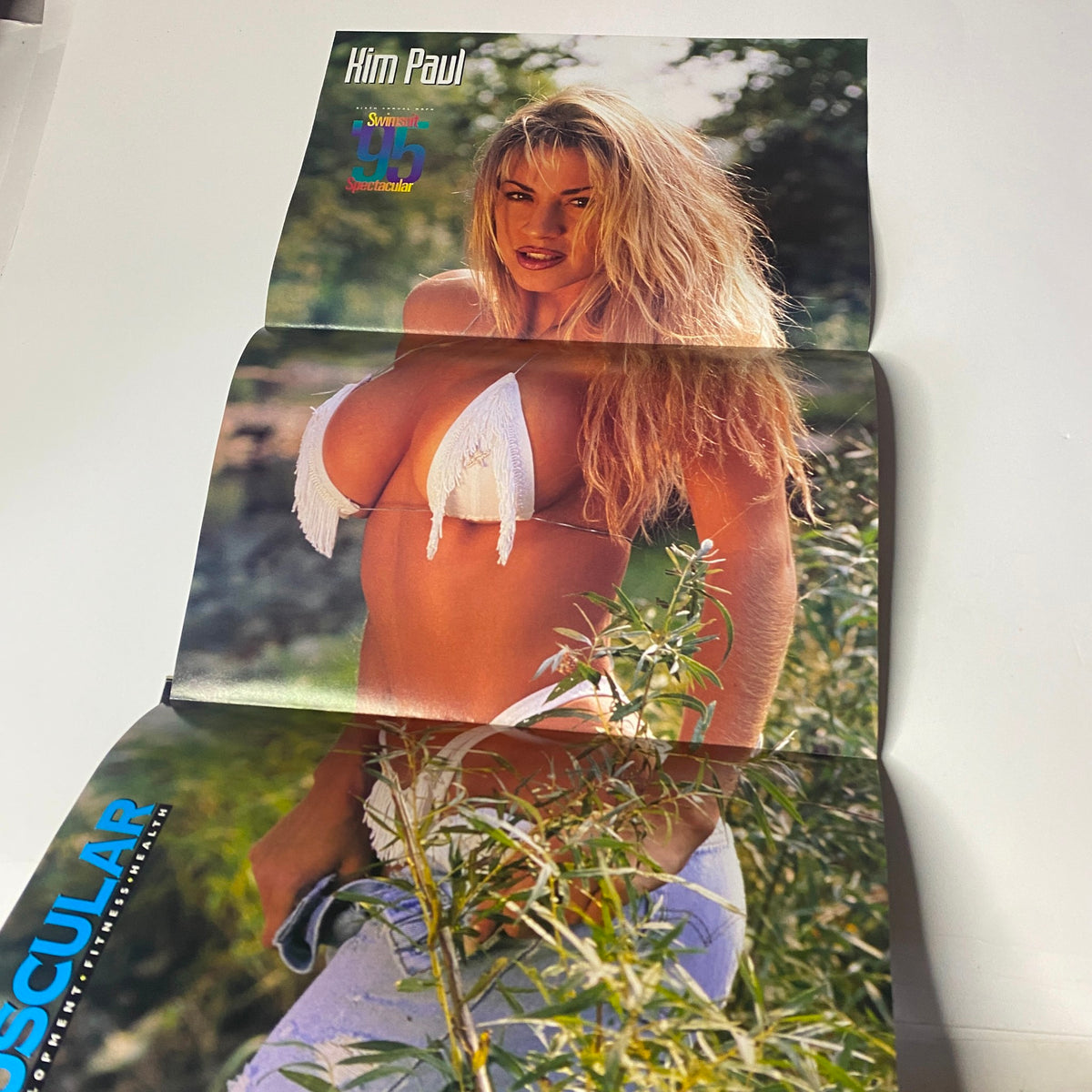 Poster featuring Kim Paul from the Muscular Development Magazine May 1995 Swimsuit Spectacular, showcasing a model in revealing swimwear.
