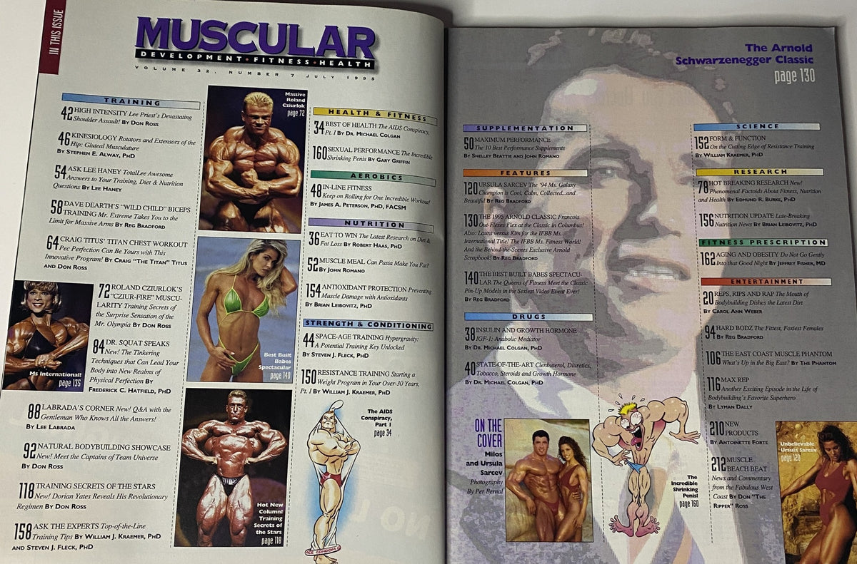 Inside spread of Muscular Development Magazine July 1995, showcasing articles including The Arnold Schwarzenegger Classic, training, nutrition, and health tips.