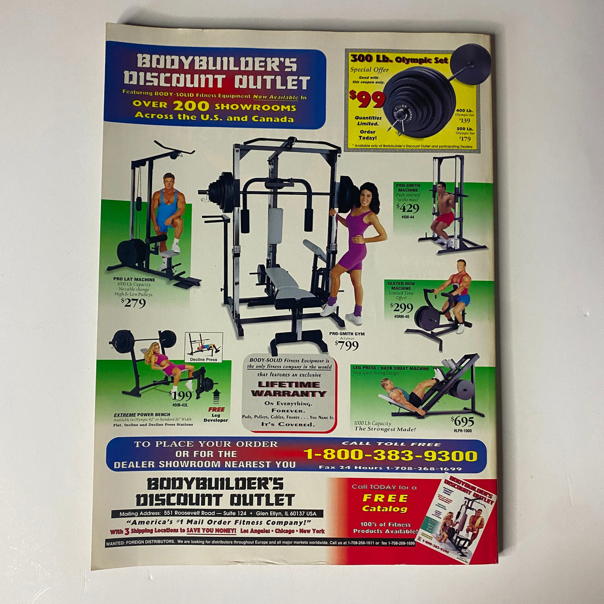 Advertisement for Bodybuilder's Discount Outlet in Muscular Development Magazine September 1995, featuring fitness equipment sales and special offers.
