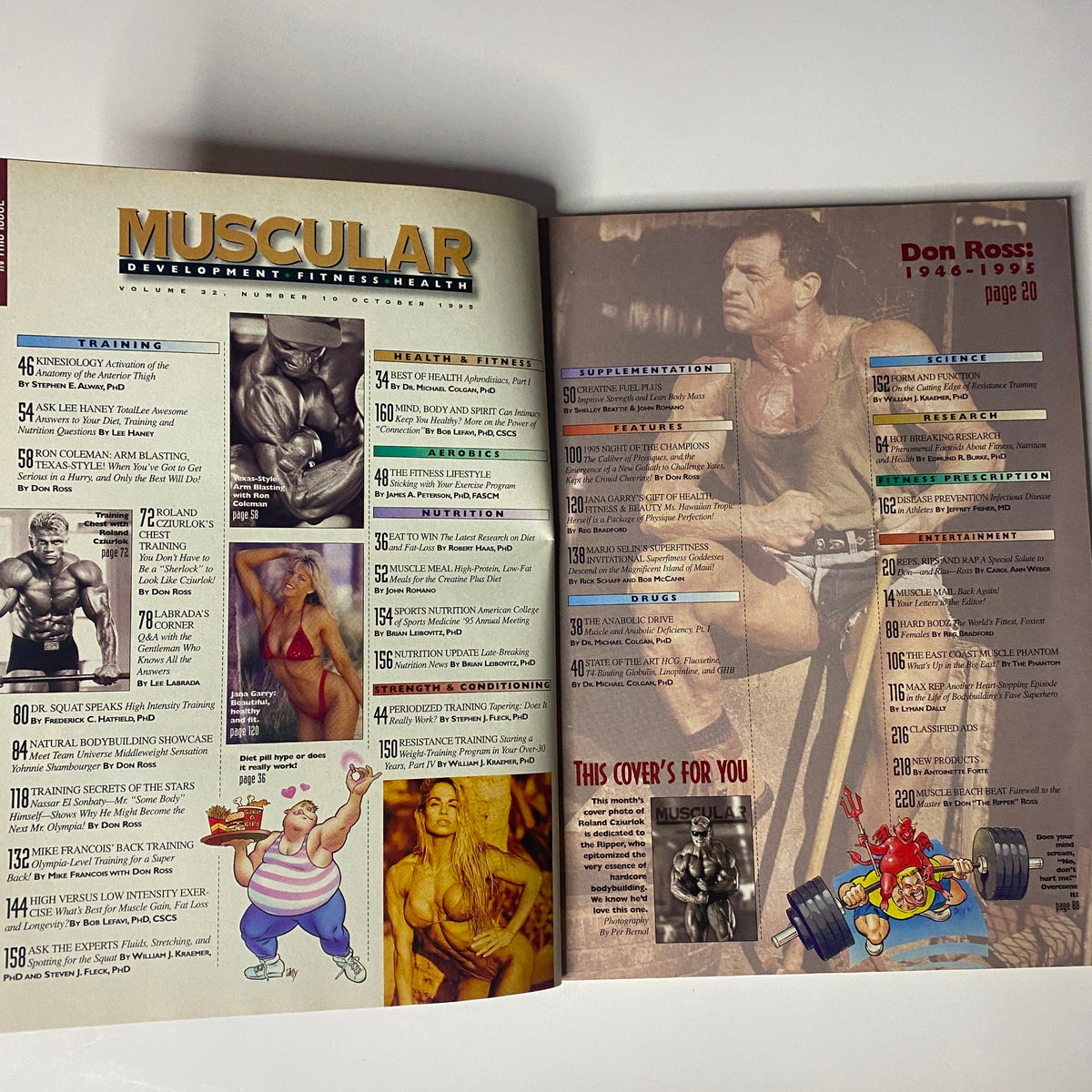 Inside spread from Muscular Development Magazine October 1995 featuring articles on training and nutrition. This issue includes insights from bodybuilding legends like Don Ross.