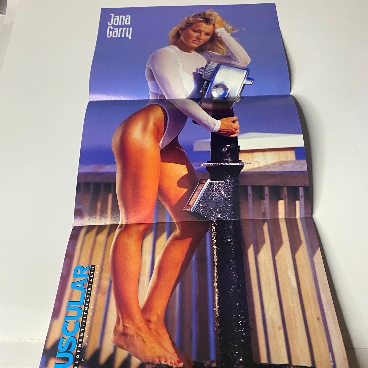 Poster of Jana Garry featured in Muscular Development Magazine October 1995, showcasing fitness and beauty with a vibrant beach backdrop.