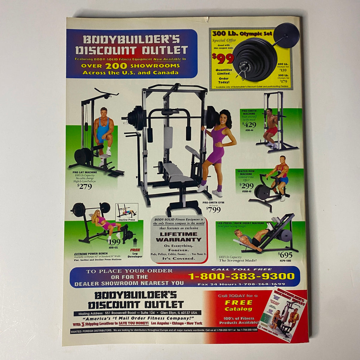 Advertisement for Bodybuilder's Discount Outlet in Muscular Development Magazine October 1995, featuring fitness equipment and promotional offers.