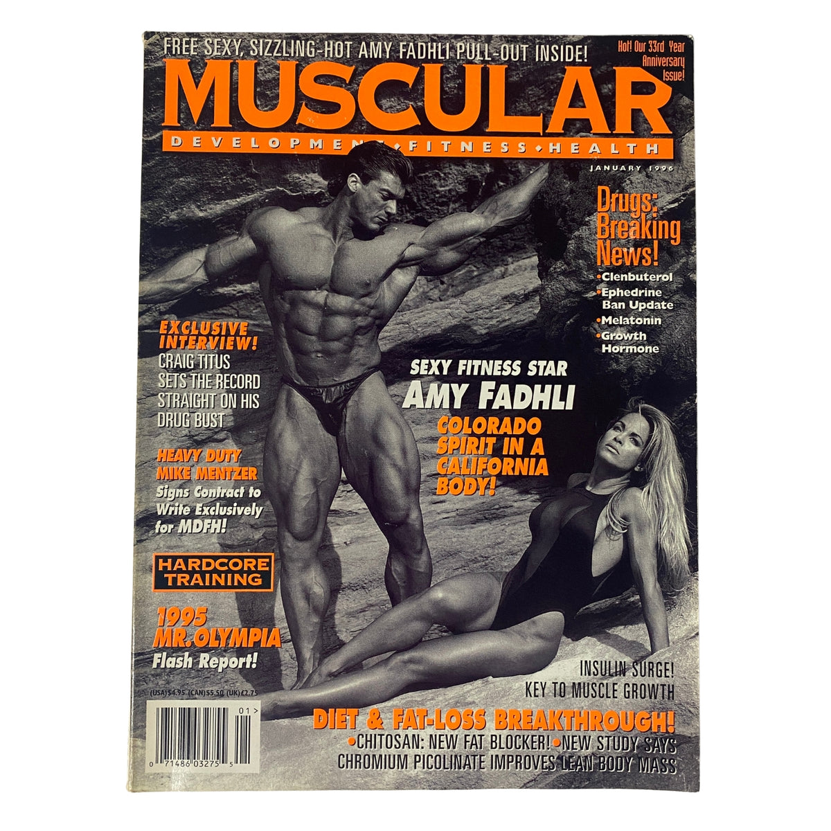 Cover of Muscular Development Magazine January 1996 featuring Gerard Dente and Amy Fadhli, highlighting fitness trends and bodybuilding insights.