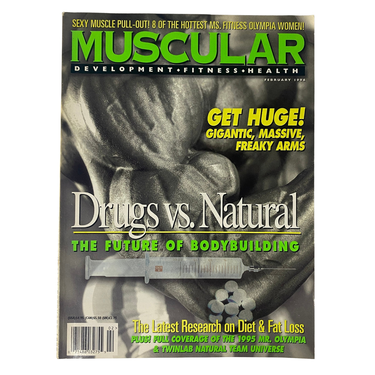 Cover of Muscular Development Magazine February 1996 featuring the title 'Drugs vs. Natural: The Future of Bodybuilding'. The cover showcases an image of a bodybuilder with a syringe graphic, emphasizing the topic of performance enhancement in bodybuilding.