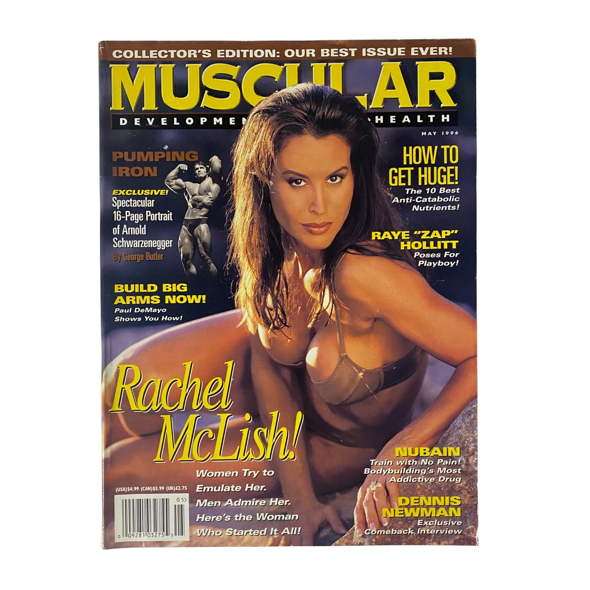Cover of Muscular Development Magazine May 1996 featuring Rachel McLish, celebrating women's fitness with stunning photography.
