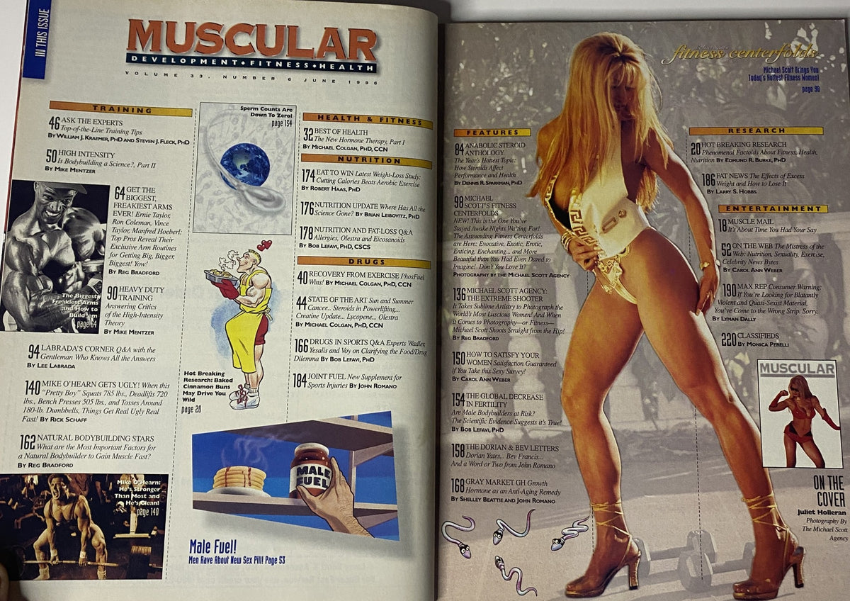 Inside pages of Muscular Development Magazine, June 1996, showcasing training tips and featured articles, with a model in a fitness pose.