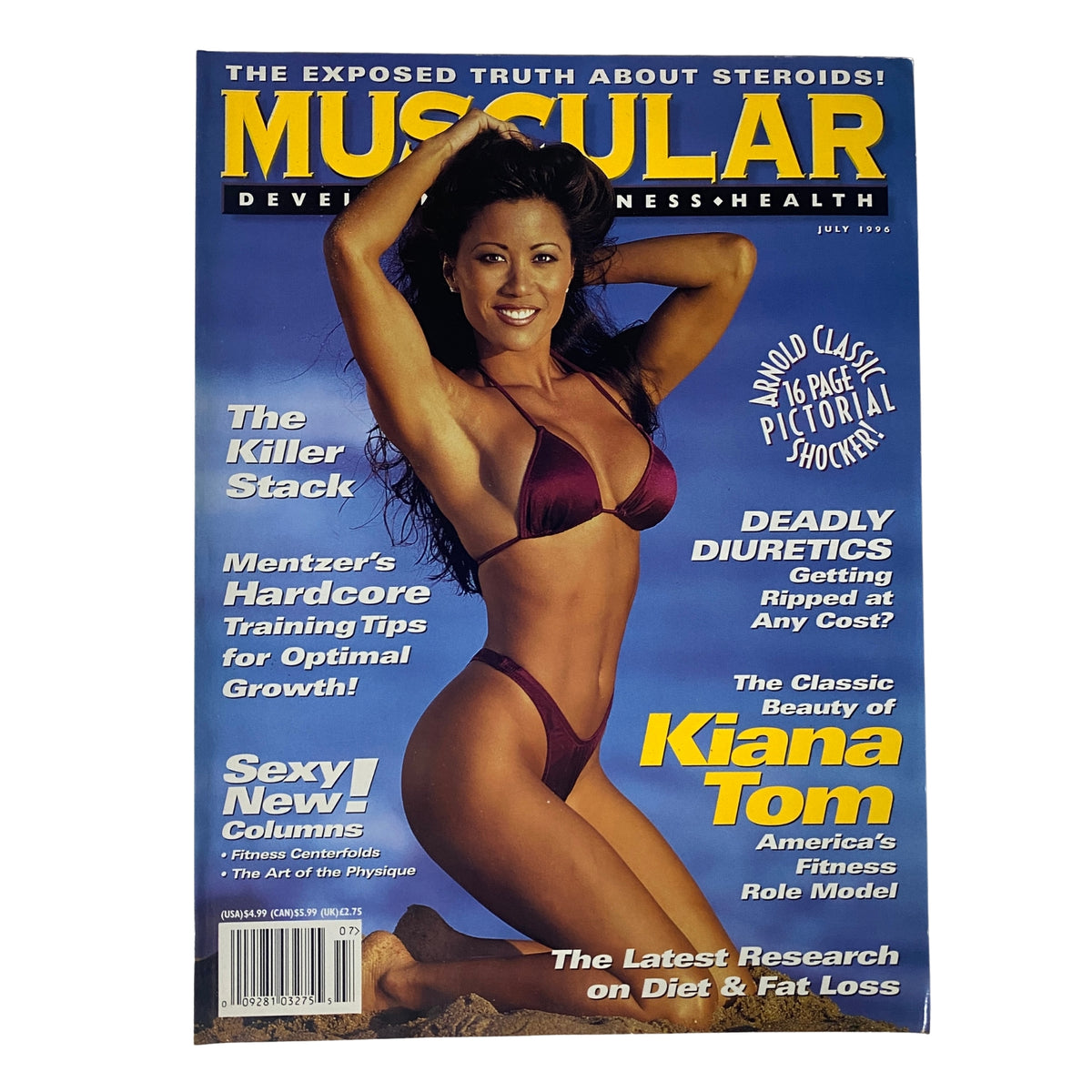 Cover of Muscular Development Magazine July 1996 featuring Kiana Tom in a stylish bikini, highlighting fitness and bodybuilding themes.