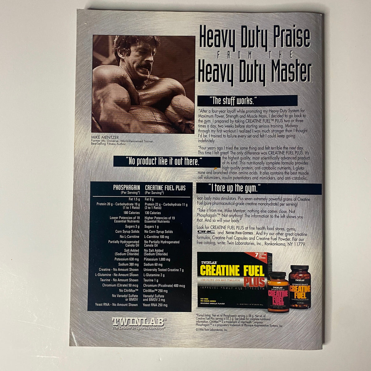 Back cover of Muscular Development Magazine July 1996 featuring an advertisement for heavy-duty fitness products by bodybuilding expert Mike Mentzer.