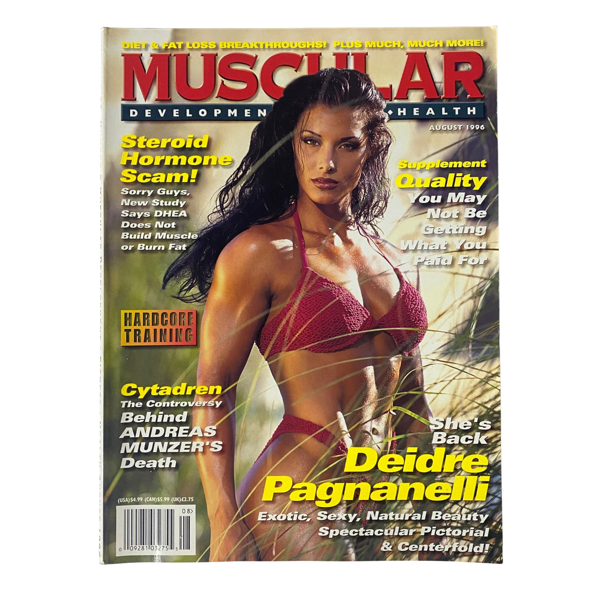 Muscular Development Magazine August 1996 cover featuring Deidre Pagnanelli in a pink bikini, highlighting topics like hormone scams, supplement quality, and training tips.