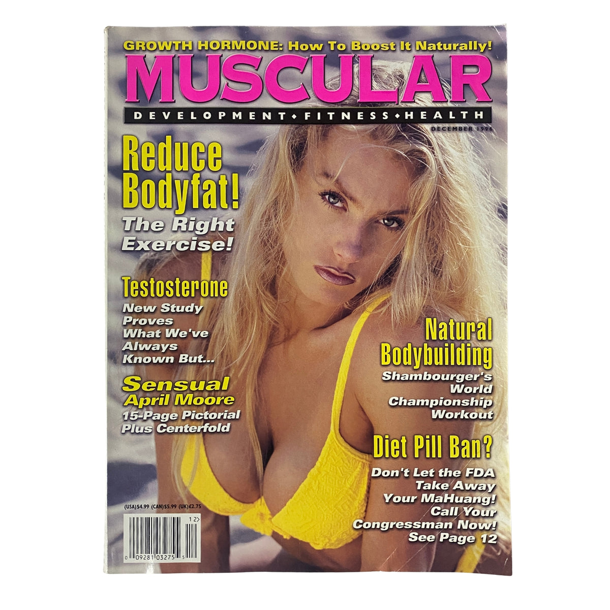 Cover of Muscular Development Magazine December 1996 featuring fitness model April Moore in a yellow bikini.